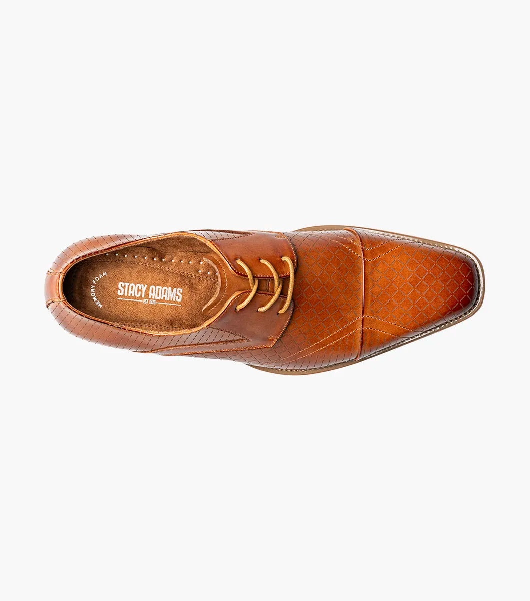 The Stacy Adams Hobson Cap Toe Oxford (Tan, 25764-240) is a calf leather dress shoe with a diamond-patterned cap toe, lace-up closure, low heel, and memory foam insole, shown on a white background.