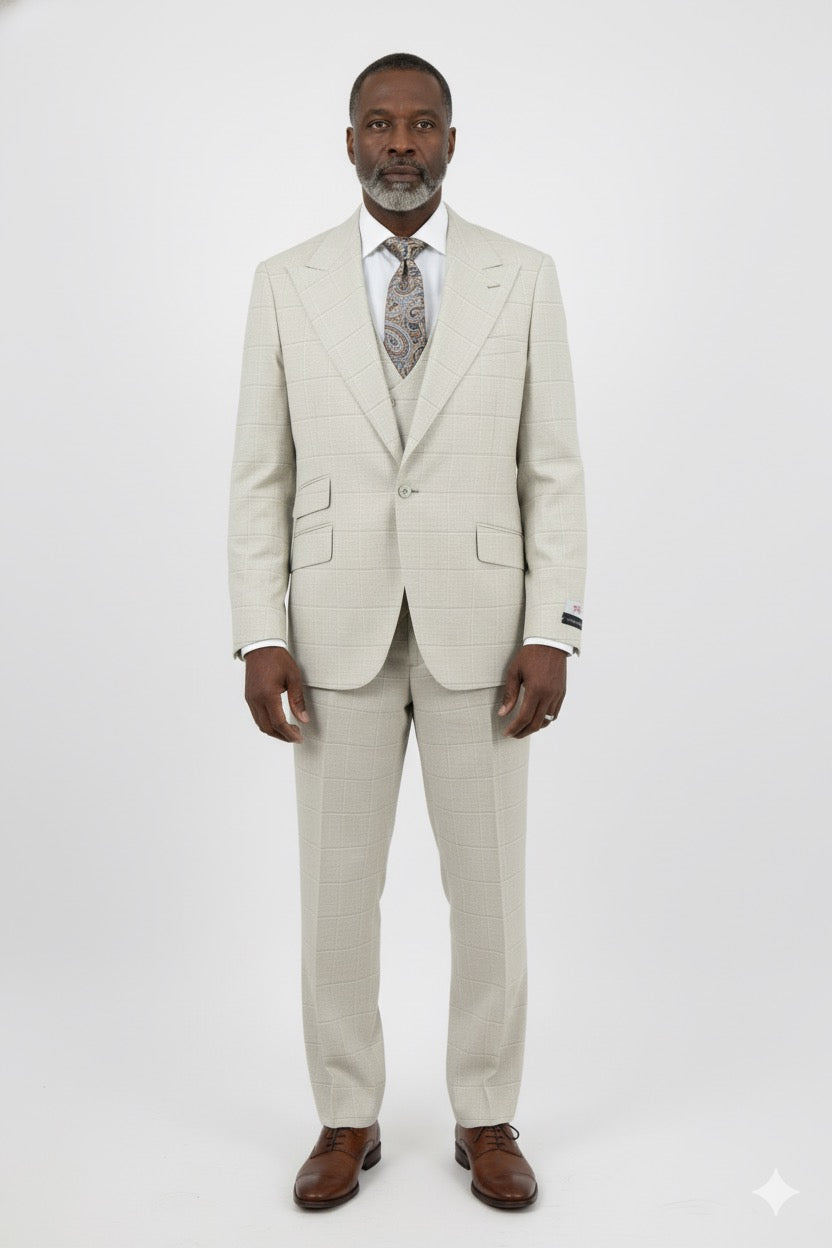 A man stands facing forward in a Tiglio Rosso Orvietto Semi Wide Leg Cream Tain Houndstooth suit (style TL8042), paired with a white dress shirt, patterned tie, and brown shoes, against a plain white background.