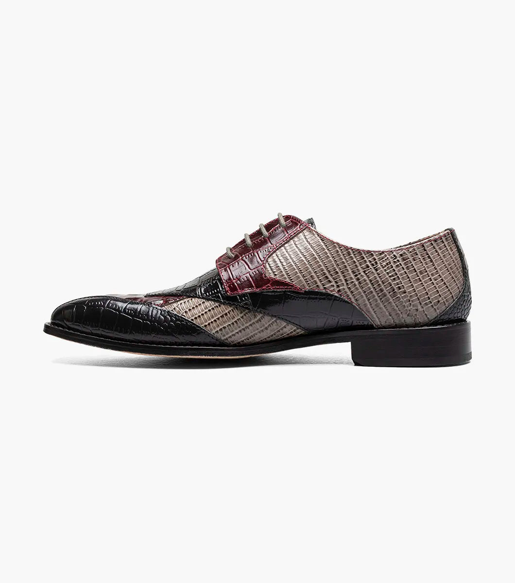 The STACY ADAMS Tristano Modified Bike Toe Oxford in Burgundy Multi (25694-641) features glossy crocodile print leather, laces, and a low heel—a sophisticated men's dress shoe ideal for formal events.