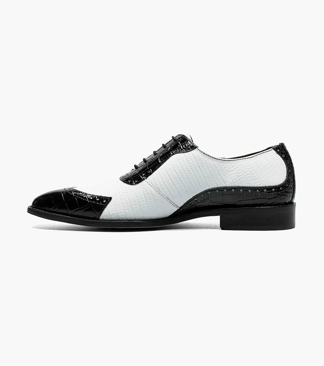 The STACY ADAMS Tarango Modified Cap Toe Oxford (Black w/White, 25770-111) is a men's lace-up dress shoe in crocodile print leather with a low heel, perfect for an elegant formal look.