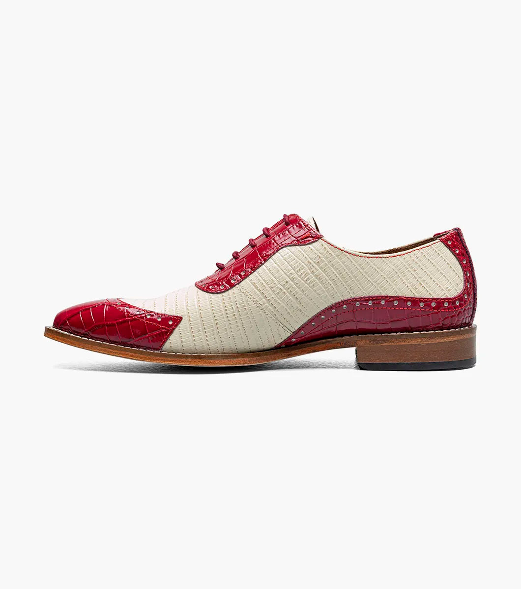 The STACY ADAMS Tarango Modified Cap Toe Oxford (Raspberry/Ivory) features beige textured sides with raspberry crocodile print leather on the toe, eyestay, and heel.