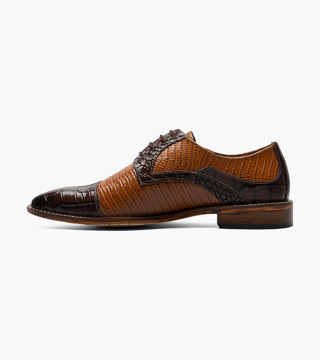 The Stacy Adams Tedesco Cap Toe Oxford in Brown Multi (25630-249) features a crocodile print pattern on the toe, sides, and vamp, set against a plain white background.