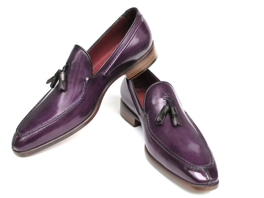 Paul Parkman Tassel Loafer Purple Hand Painted Leather 083-PURP men's slip-on shoes feature shiny purple leather, brown soles, a low heel, and classic tassels. Displayed on a white background. Brand: Paul Parkman.