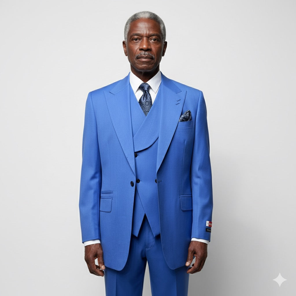 A mannequin showcases the Tiglio Rosso "New Rosso" Sky Blue Wide Leg Pure Wool Suit & Vest TL2657 (38R and 40R only) with a patterned tie and pocket square, set against a plain background.