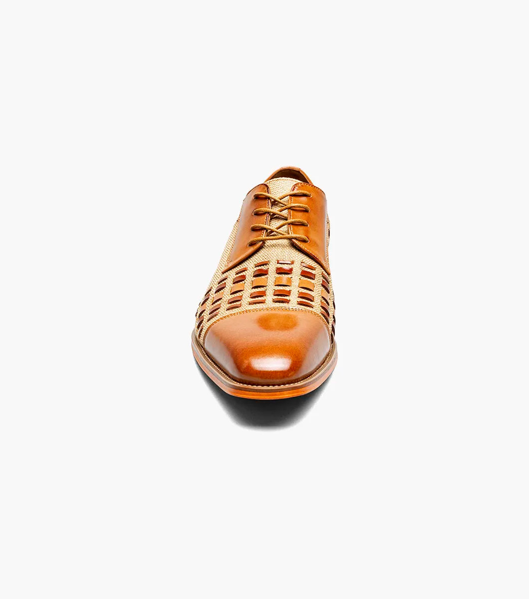 The Stacy Adams Halstead Cap Toe Oxford (Tan Multi, 25765-238) features tan calf leather, beige fabric with a lattice cutout upper, brown laces, and a Memory Foam footbed—shown on a white background.
