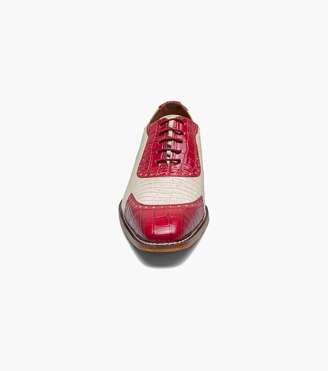 The STACY ADAMS Tarango Modified Cap Toe Oxford (Raspberry/Ivory) features beige textured sides with raspberry crocodile print leather on the toe, eyestay, and heel.
