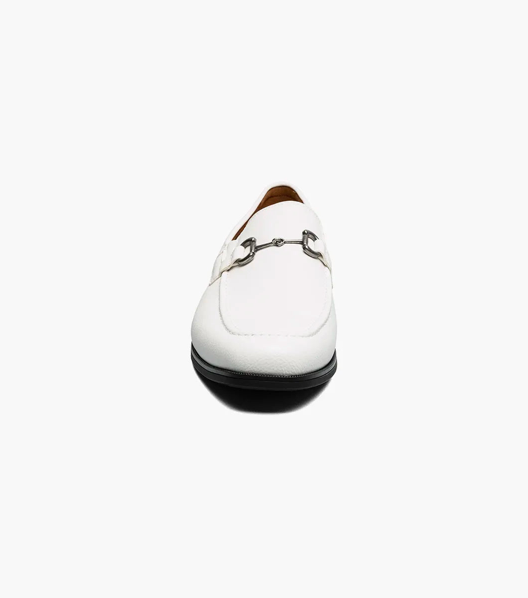 Step up your style with the STACY ADAMS Richmont Moc Toe Bit Slip On in White Tumbled (21567-117), featuring a sleek silver bit, black sole, and tan lining—classic leather loafers perfect for any dress occasion. Displayed on a white background.