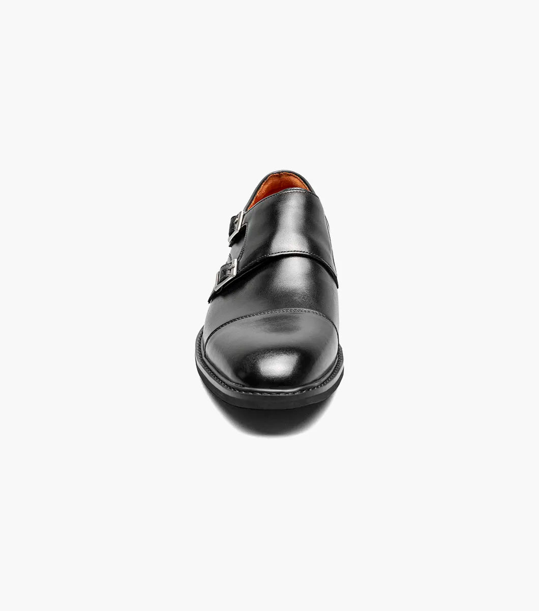 The STACY ADAMS Boswell Cap Toe Double Monk Strap (Black, 25779-001) features an insole for leather shoes with a molded heel cup, cushioned heel pod, and anatomical arch support.