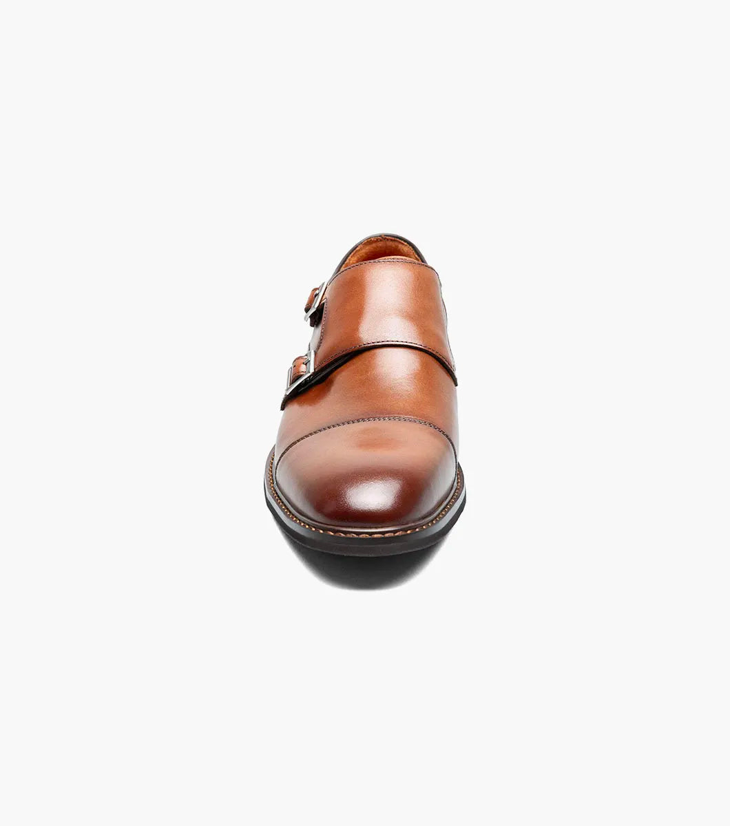 STACY ADAMS Boswell Cap Toe Double Monk Strap in Brandy (25779-226) features a cap toe, low heel, and silver buckles, shown on a white background.