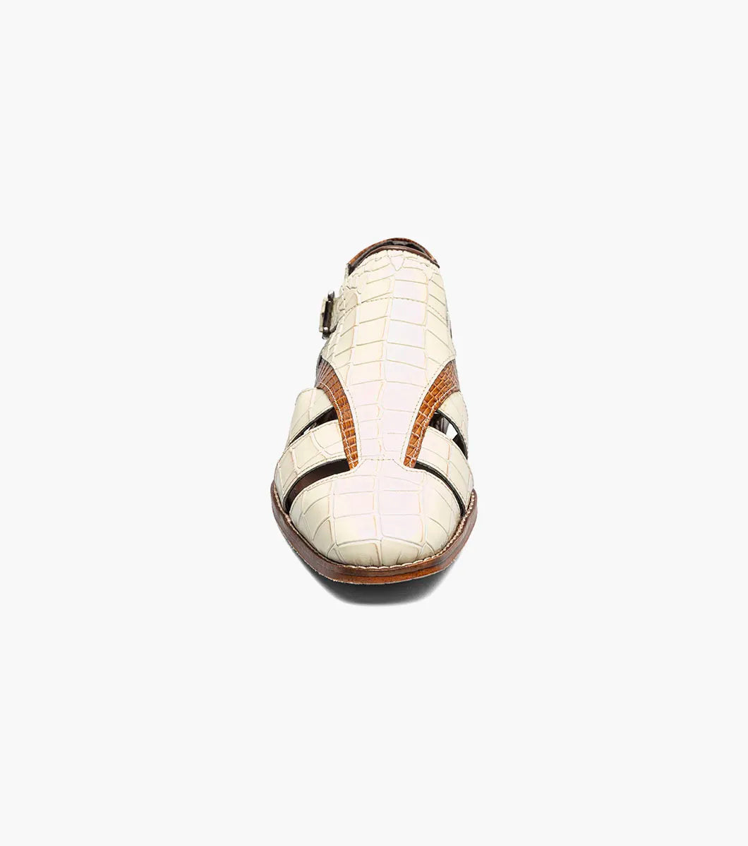 The Stacy Adams Calandro City Sandal in Ivory Multi (25695-114) features crocodile print leather, cream and brown color, closed toe, side buckle, cut-out details, cushioned footbed, and low heel.