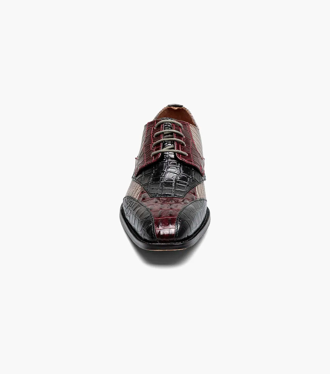 The STACY ADAMS Tristano Modified Bike Toe Oxford in Burgundy Multi (25694-641) features glossy crocodile print leather, laces, and a low heel—a sophisticated men's dress shoe ideal for formal events.