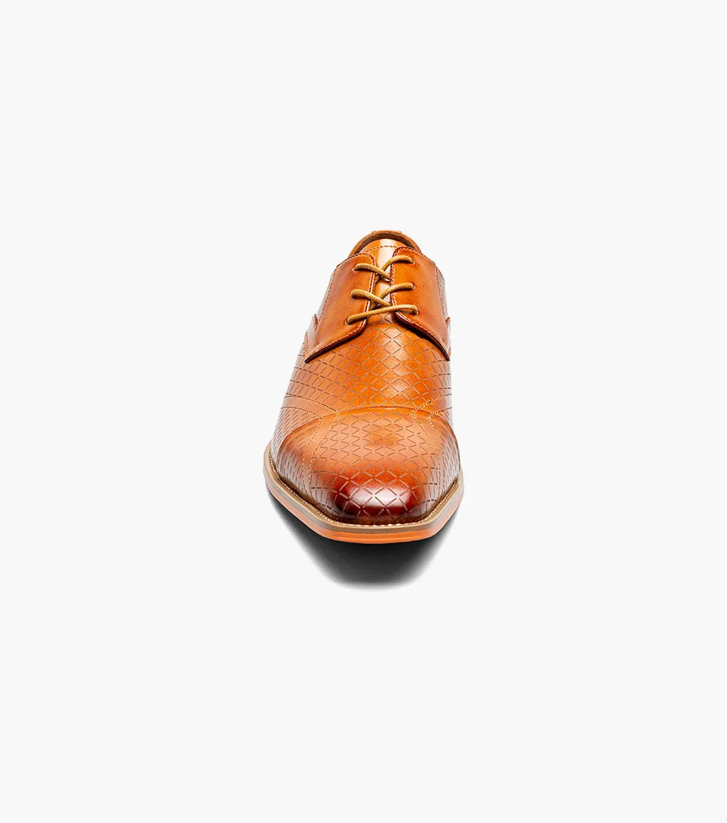 The Stacy Adams Hobson Cap Toe Oxford (Tan, 25764-240) is a calf leather dress shoe with a diamond-patterned cap toe, lace-up closure, low heel, and memory foam insole, shown on a white background.