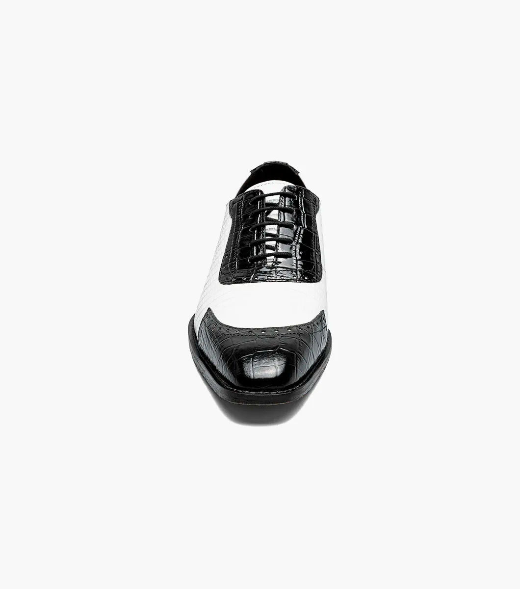 The STACY ADAMS Tarango Modified Cap Toe Oxford (Black w/White, 25770-111) is a men's lace-up dress shoe in crocodile print leather with a low heel, perfect for an elegant formal look.
