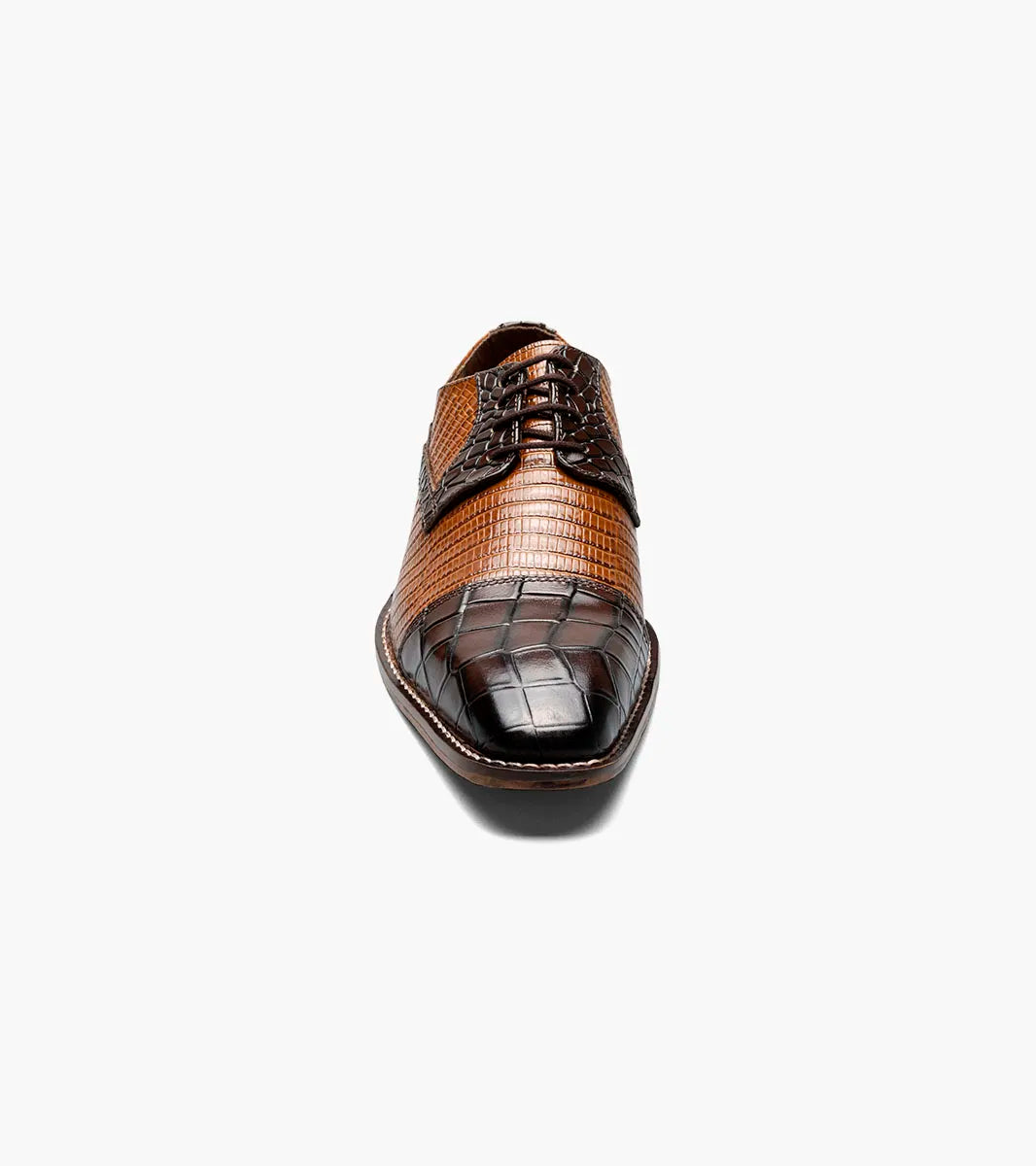 The Stacy Adams Tedesco Cap Toe Oxford in Brown Multi (25630-249) features a crocodile print pattern on the toe, sides, and vamp, set against a plain white background.