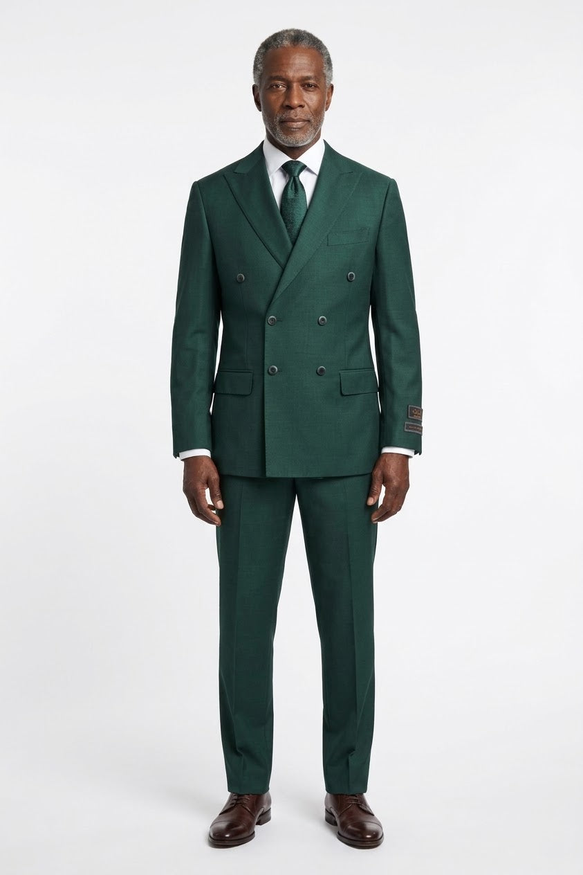 The Tiglio Luxe Forest Green Pistoia TIG4186 is a modern fit pure wool men’s suit with matching trousers, double-breasted, displayed on a plain white background.