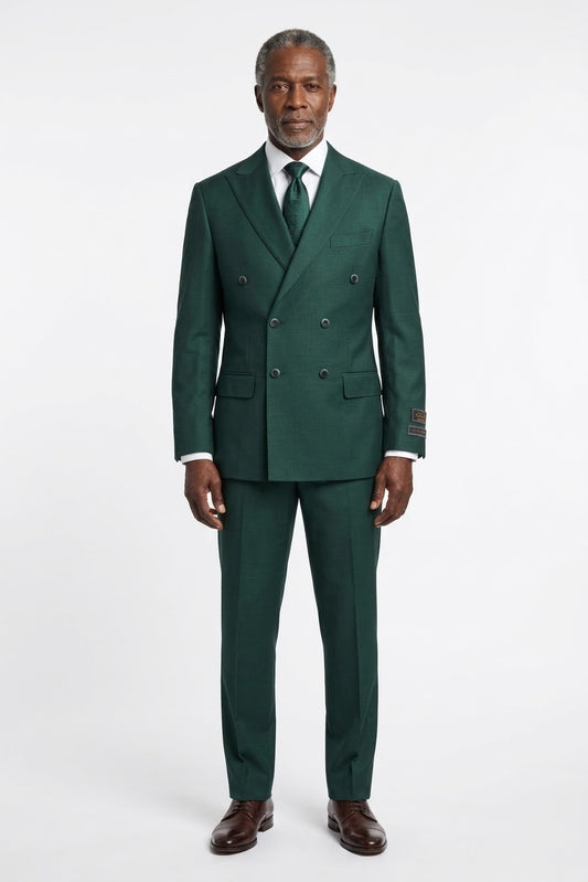 The Tiglio Luxe Forest Green Pistoia TIG4186 is a modern fit pure wool men’s suit with matching trousers, double-breasted, displayed on a plain white background.