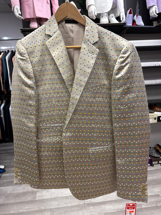JACKET 25 CLEARANCE by EJ SAMUEL — a beige blazer featuring a pattern of small, multicolored dots, shown on a hanger in a clothing store. Please note: this item is final sale and cannot be returned or exchanged.