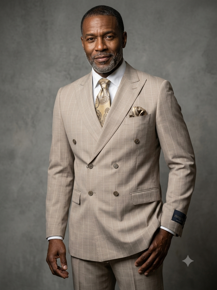 A man stands against a gray studio backdrop wearing the Tiglio Luxe PISTOIA Modern Fit Double Breasted Suit WS26509 by Tiglio, expertly tailored in Italy from luxurious Super 150’s wool with a beige pinstripe design. His refined look is completed with a patterned tie and pocket square.