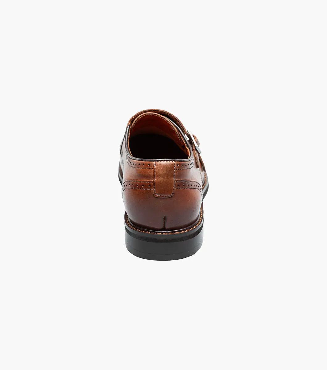 STACY ADAMS Boswell Cap Toe Double Monk Strap in Brandy (25779-226) features a cap toe, low heel, and silver buckles, shown on a white background.