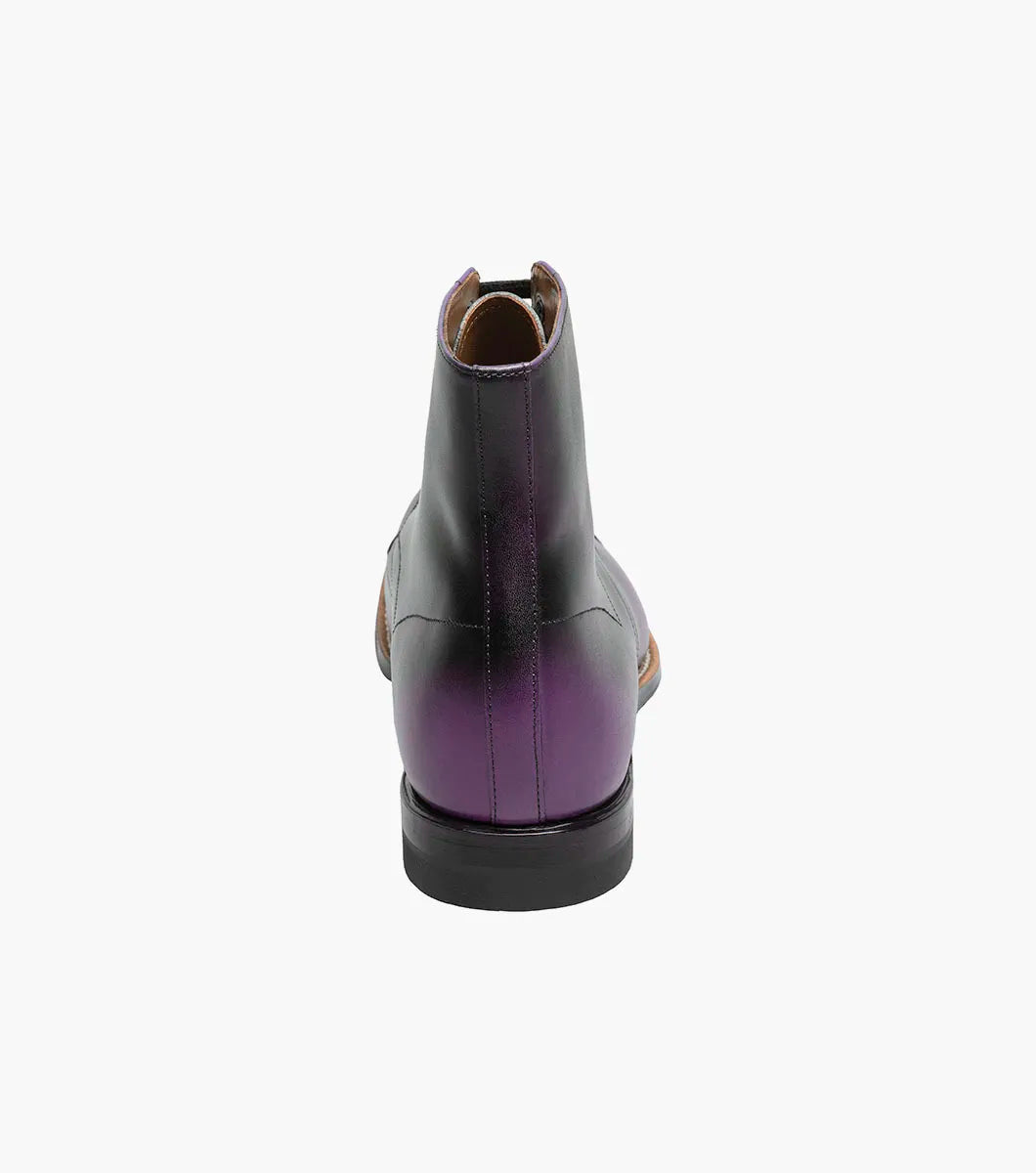 A single STACY ADAMS Madison Cap Toe Lace Up Boot in purple (00110-542) with black laces and brogue detailing is displayed on a plain white background.
