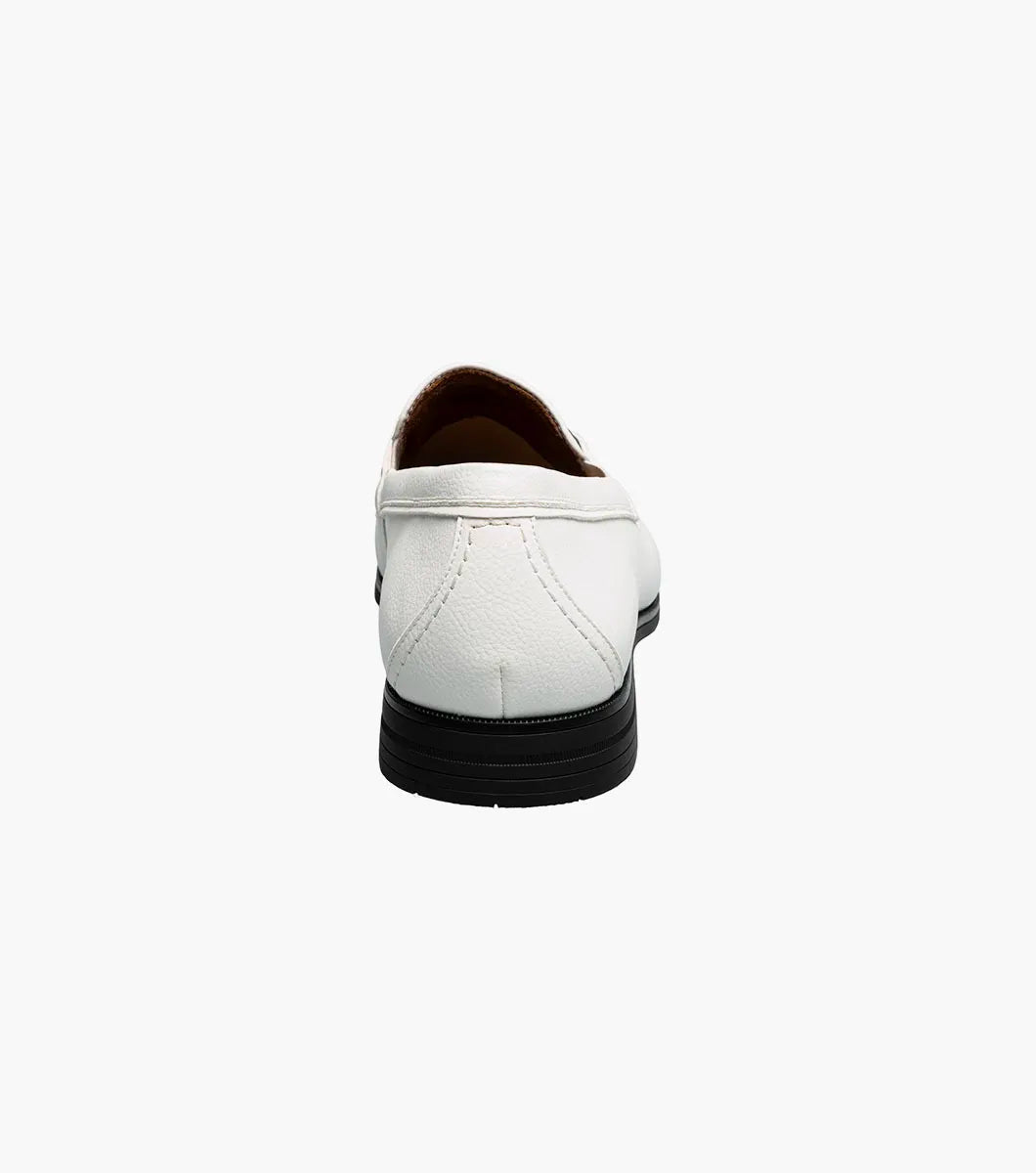 Step up your style with the STACY ADAMS Richmont Moc Toe Bit Slip On in White Tumbled (21567-117), featuring a sleek silver bit, black sole, and tan lining—classic leather loafers perfect for any dress occasion. Displayed on a white background.