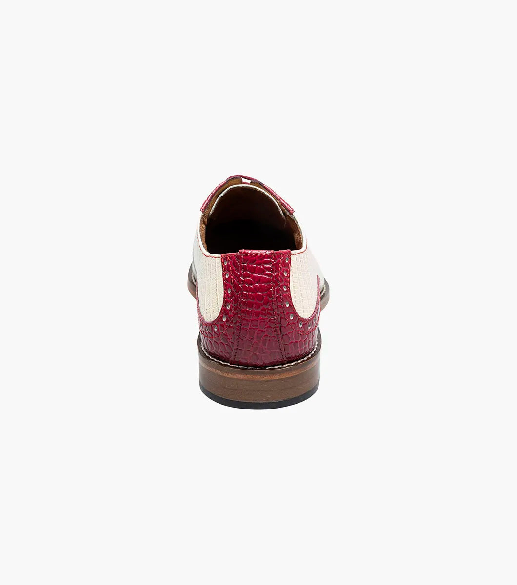 The STACY ADAMS Tarango Modified Cap Toe Oxford (Raspberry/Ivory) features beige textured sides with raspberry crocodile print leather on the toe, eyestay, and heel.