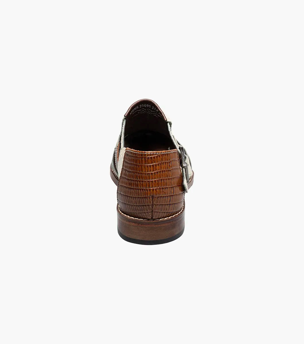 The Stacy Adams Calandro City Sandal in Ivory Multi (25695-114) features crocodile print leather, cream and brown color, closed toe, side buckle, cut-out details, cushioned footbed, and low heel.