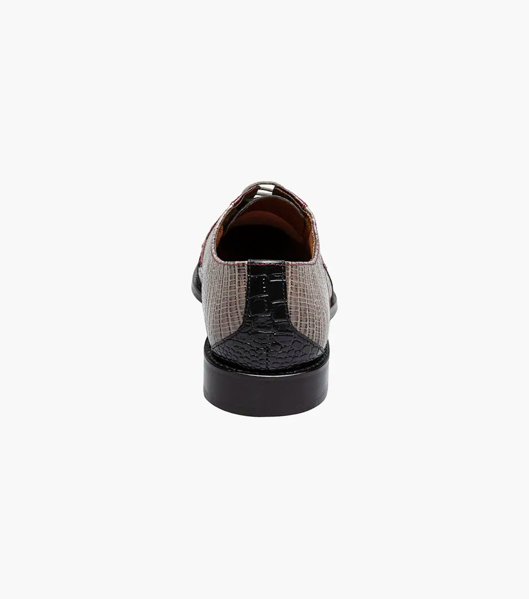 The STACY ADAMS Tristano Modified Bike Toe Oxford in Burgundy Multi (25694-641) features glossy crocodile print leather, laces, and a low heel—a sophisticated men's dress shoe ideal for formal events.