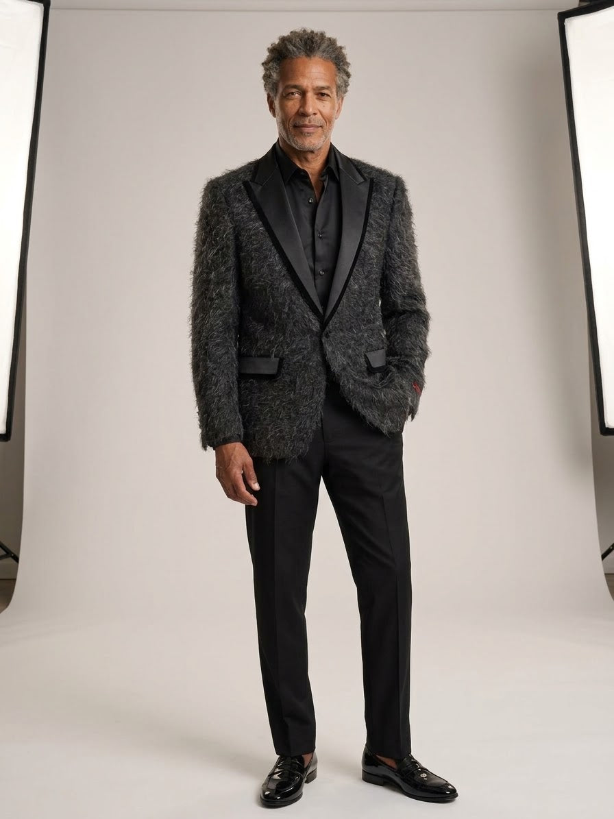 A man faces the camera in an EJ SAMUEL Jacket 12 Size Small, styled with a shirt, pants, and dress shoes. Final sale—no returns or exchanges.