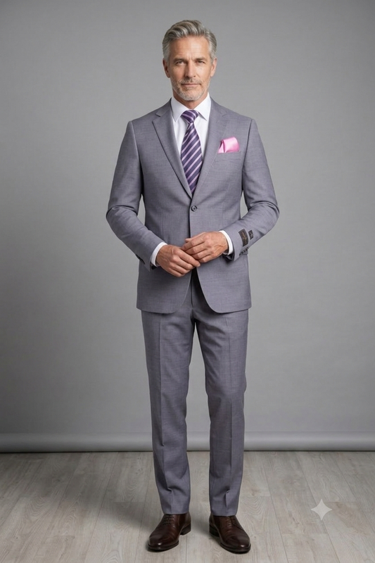 The Tiglio Luxe Novello Light Gray Pure Wool Men’s Suit E09063/26 is displayed with a white dress shirt, pink and black striped tie, and pink pocket square on a mannequin—ideal for fans of fine Italian menswear by Tiglio Luxe.
