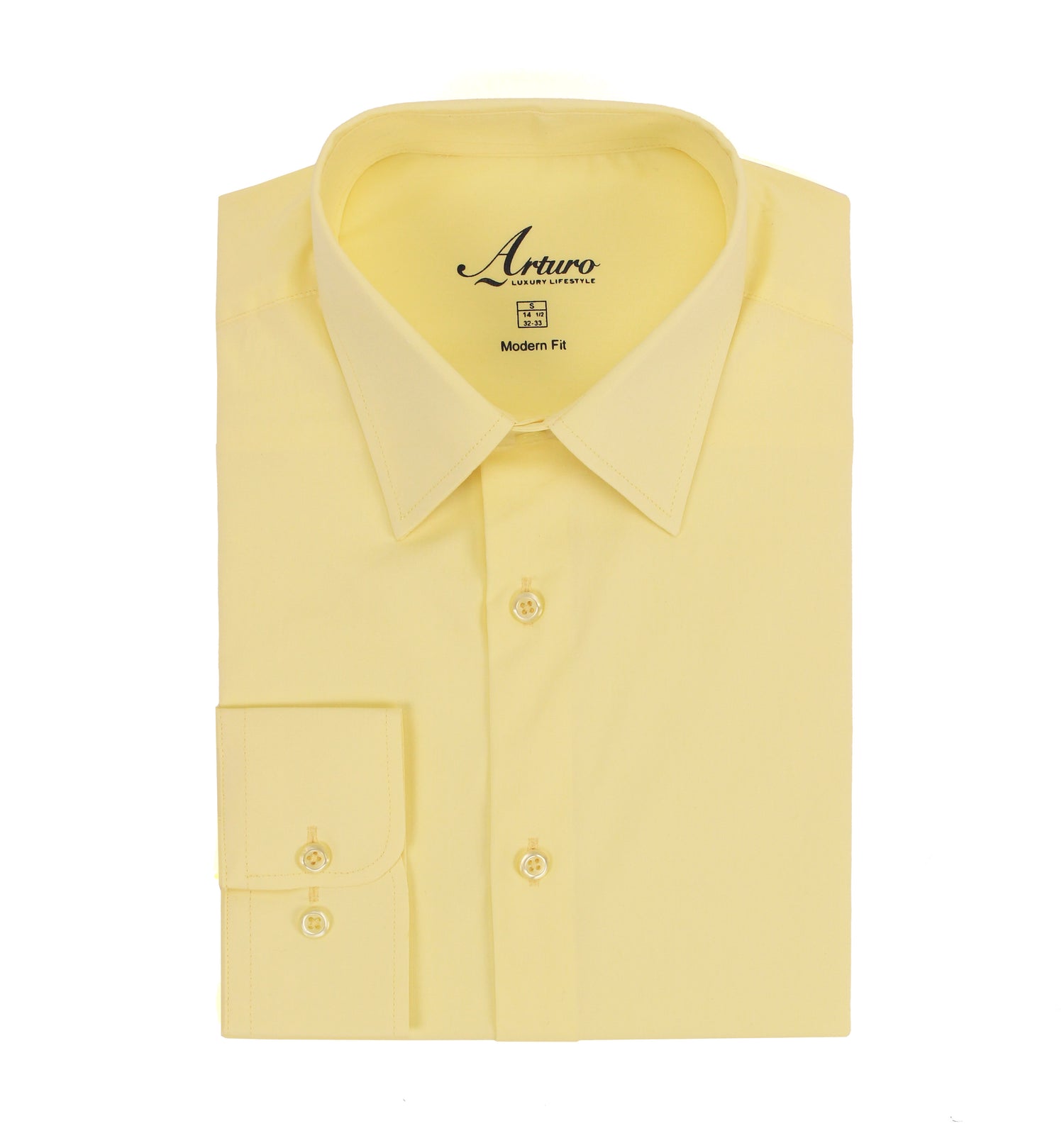 The ARTURO Modern Fit Long Sleeve Yellow Dress Shirt by Arturo features a pointed collar, buttoned convertible cuffs, and neat cotton construction.
