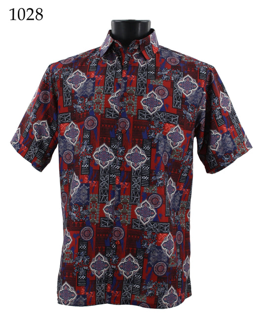 Introducing the Bassiri Short Sleeve Shirt 1028 by Bassiri, a stylish regular fit button-up shirt adorned with a bold geometric and abstract design in striking red, blue, and black colors. Ideal for those with a flair for fashion-forward clothing.