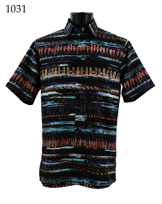 The Bassiri Short Sleeve Shirt 1031 by Bassiri is a regular fit, short-sleeve button-up shirt showcasing a vibrant, abstract stripe pattern.