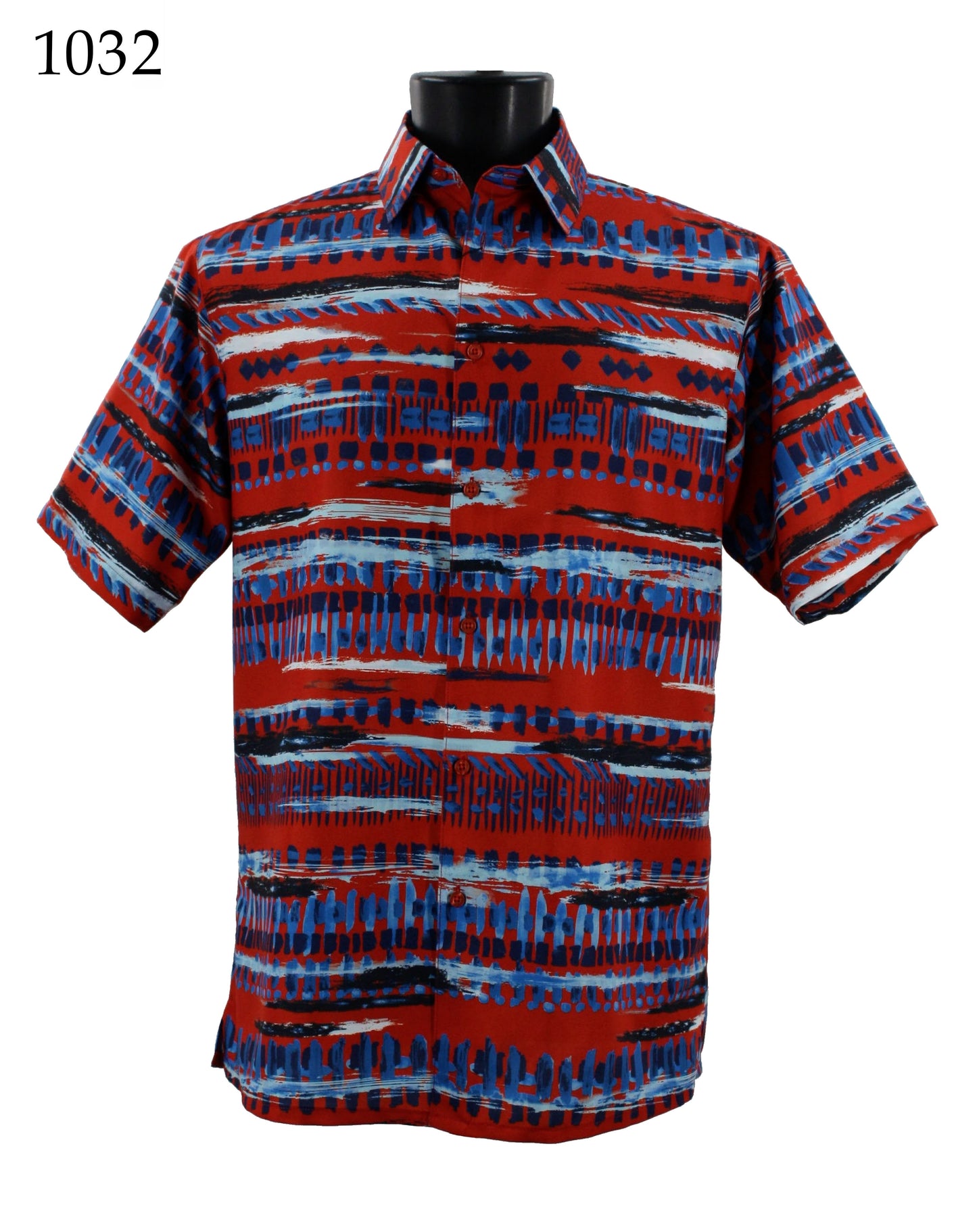 The Bassiri Short Sleeve Shirt 1032, available in a red, blue, and black pattern with a regular fit, is elegantly showcased on a black mannequin. The item number 1032 is prominently displayed in the top left corner.