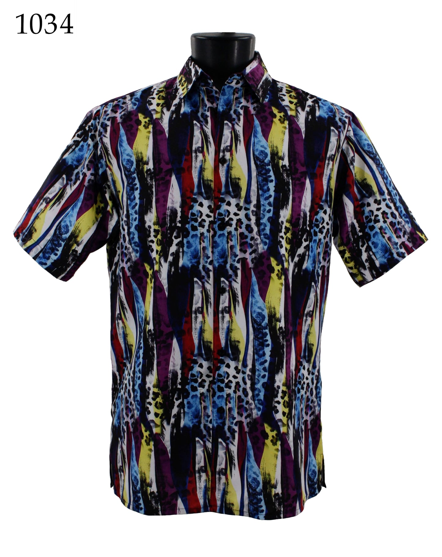 Bassiri Short Sleeve Shirt 1034 by Bassiri, featuring a regular fit design and an abstract multicolor pattern of blue, yellow, red, and black hues on a mannequin.