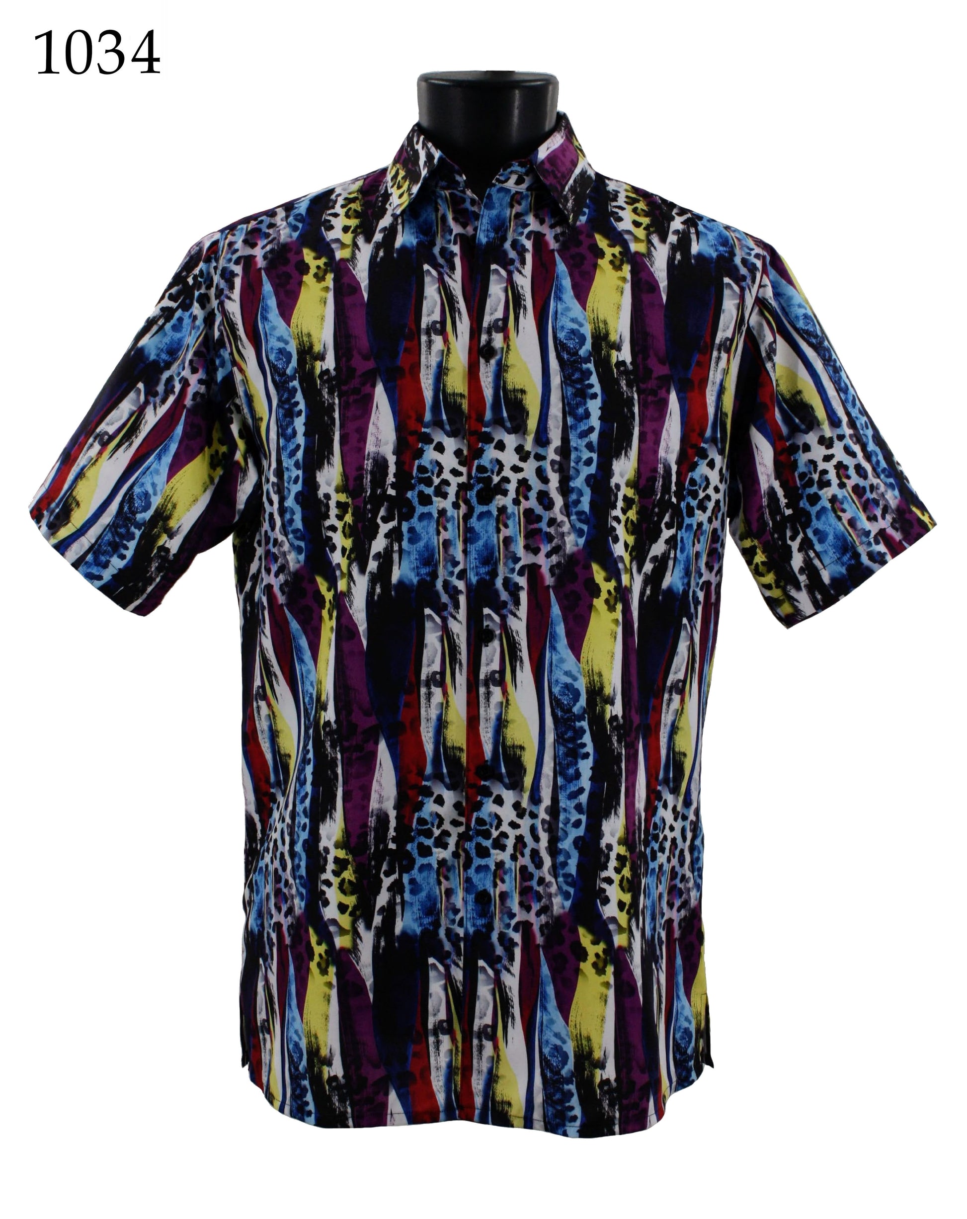 Bassiri Short Sleeve Shirt 1034 by Bassiri, featuring a regular fit design and an abstract multicolor pattern of blue, yellow, red, and black hues on a mannequin.