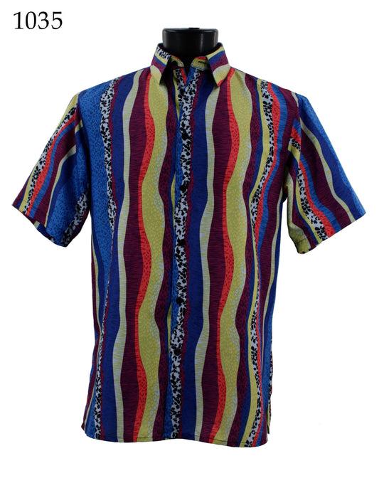 Displayed on a mannequin is the Bassiri Short Sleeve Shirt 1035, featuring a regular fit and vibrant wavy stripes in hues of blue, red, yellow, and green.