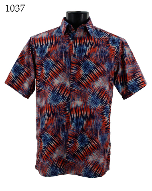 The Bassiri Short Sleeve Shirt 1037, a vibrant regular fit button-up shirt from Bassiri, is adorned with a striking red, blue, and black abstract pattern and is elegantly displayed on a mannequin.