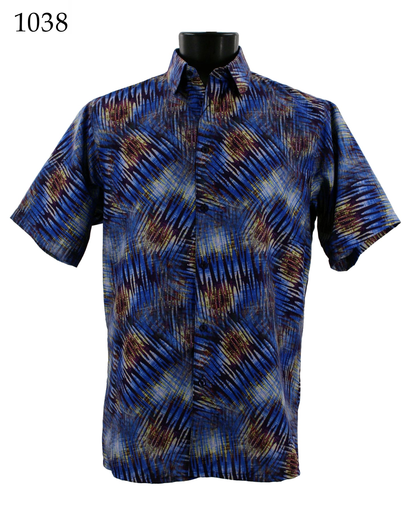 Displayed on the mannequin is the Bassiri Short Sleeve Shirt 1038 featuring a regular fit and a blue and multicolored abstract pattern. Item number 1038 is positioned in the top left corner.