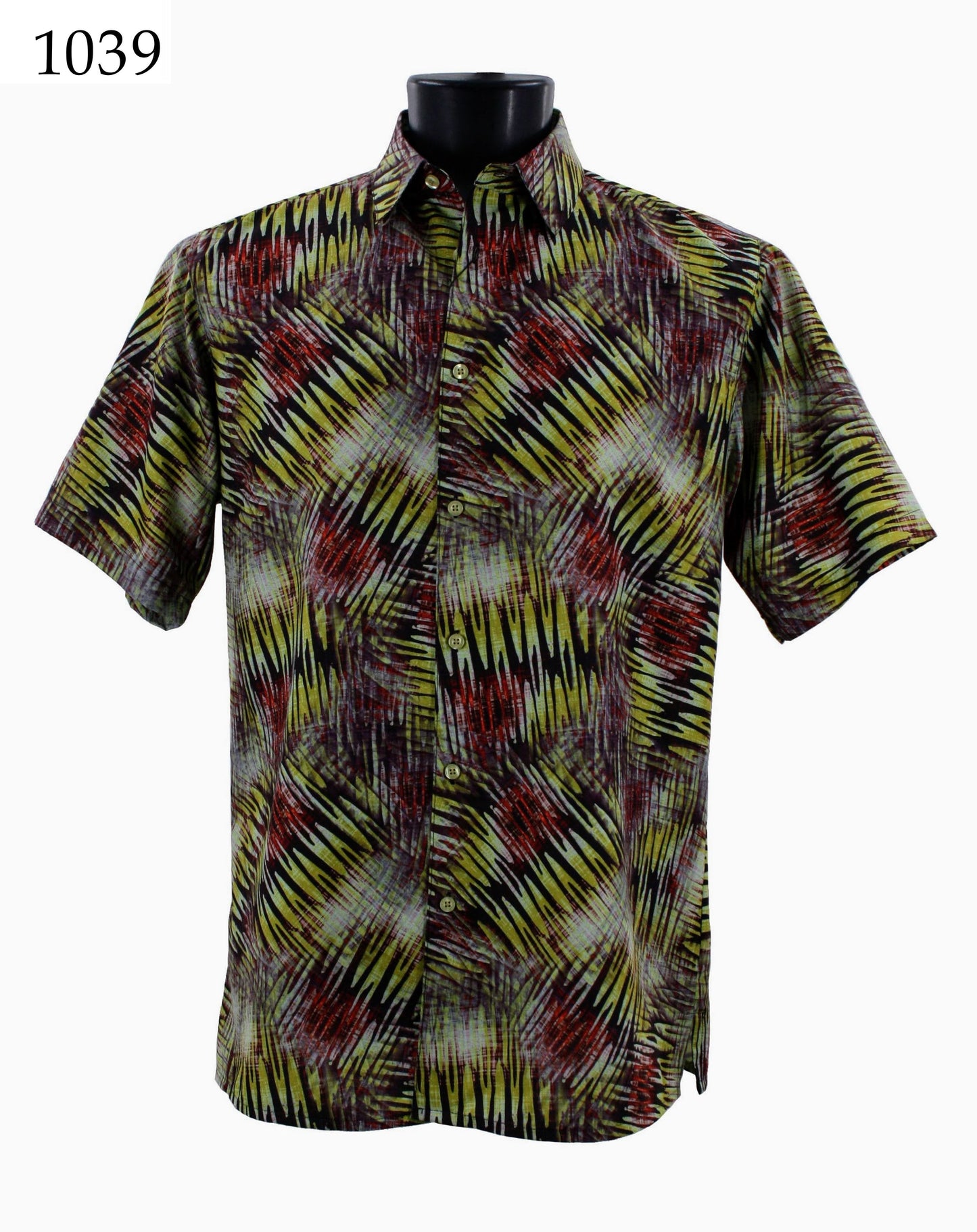 The Bassiri Short Sleeve Shirt 1039 features a lively abstract design in red, yellow, and black hues shown on a mannequin, with the item number elegantly displayed in the top left corner.