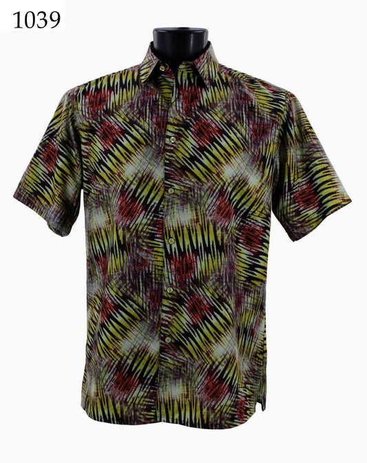 The Bassiri Short Sleeve Shirt 1039 features a lively abstract design in red, yellow, and black hues shown on a mannequin, with the item number elegantly displayed in the top left corner.