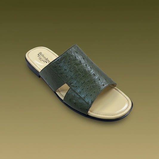 A Belvedere Shoe 3 clearance sandal in green leather, featuring an open toe, tan insole, and available only in size 9 (FINAL SALE), is displayed on a wooden surface. Please note: this item is from BELVEDERE and is final sale with no exchanges or returns.