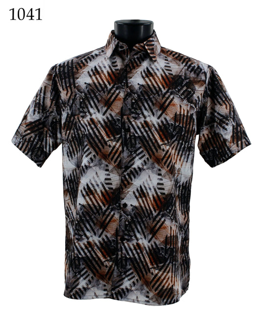 The Bassiri Short Sleeve Shirt 1041 by Bassiri, displayed elegantly on a mannequin, boasts an eye-catching abstract pattern in black, white, and brown.