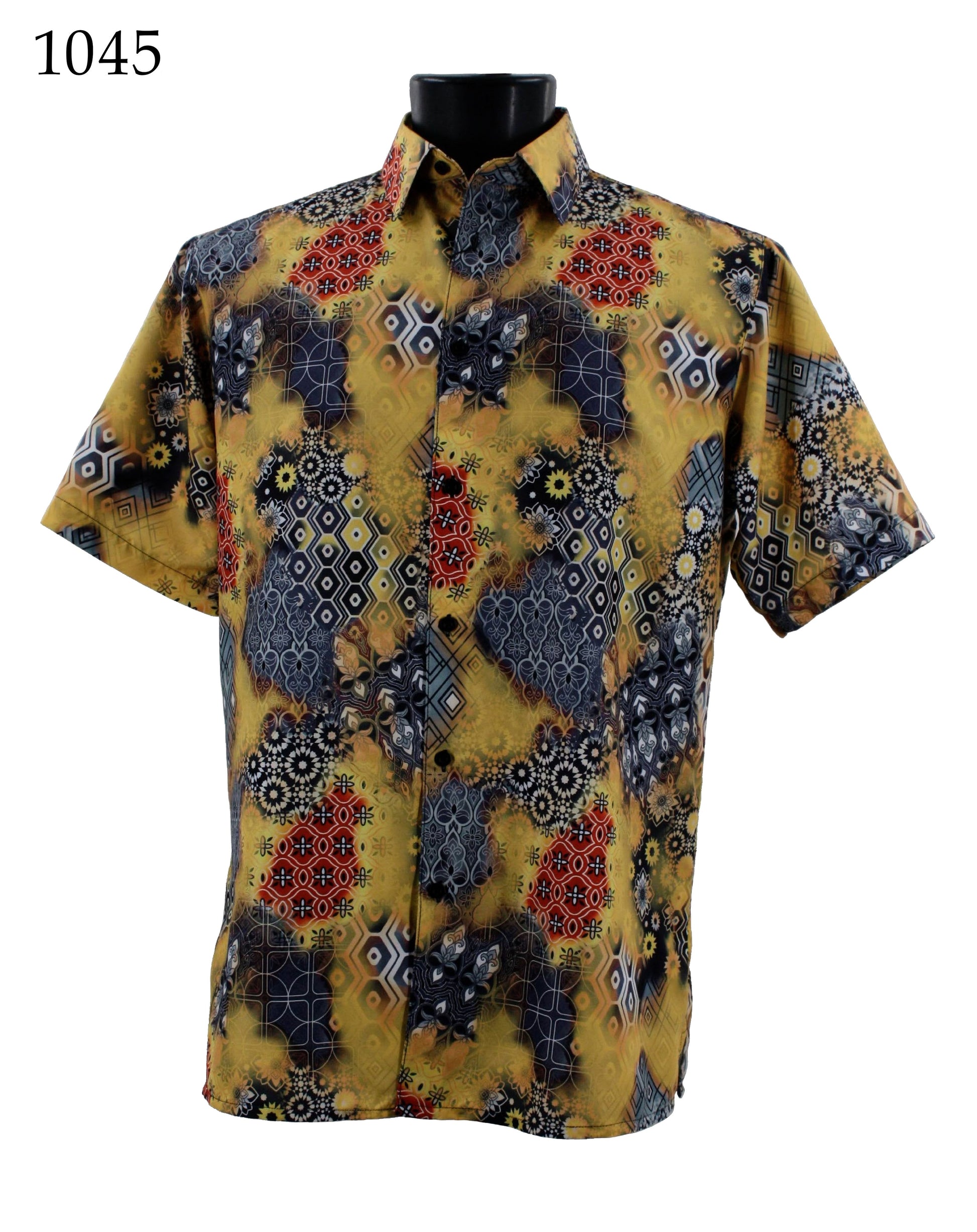 The Bassiri Short Sleeve Shirt 1045 by Bassiri is a regular-fit button-up that features a vibrant abstract pattern in hues of yellow, red, blue, and gray, elegantly presented on a black mannequin torso.