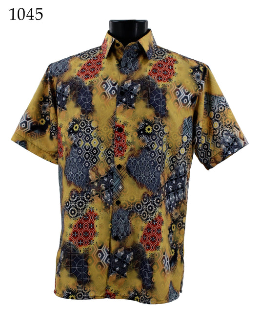 The Bassiri Short Sleeve Shirt 1045 by Bassiri is a regular-fit button-up that features a vibrant abstract pattern in hues of yellow, red, blue, and gray, elegantly presented on a black mannequin torso.