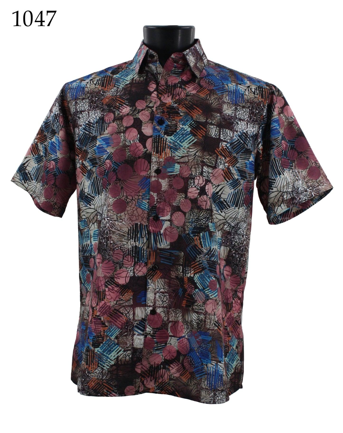 The Bassiri Short Sleeve Shirt 1047 features a geometric abstract pattern in shades of blue, red, and white. This regular fit design is showcased on a black mannequin torso.