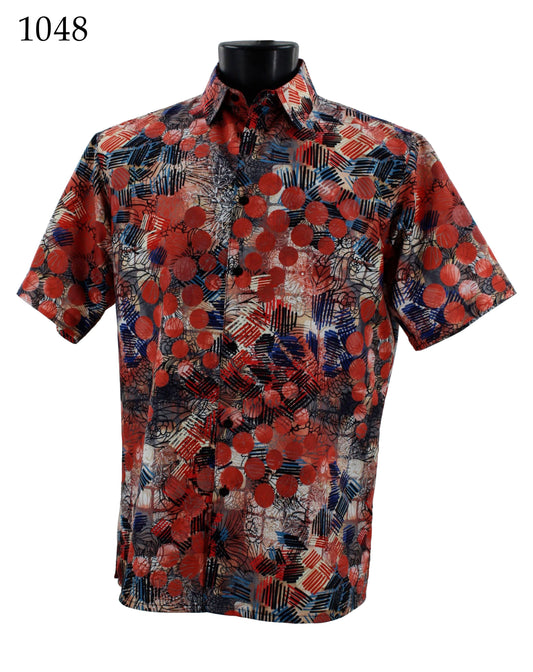 The Bassiri Short Sleeve Shirt 1048 by Bassiri is a Regular Fit button-up shirt adorned with an abstract pattern in vibrant shades of red, blue, and white.