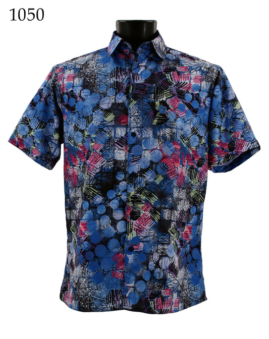 Introducing the Bassiri Short Sleeve Shirt 1050 by Bassiri, a regular fit button-up shirt showcasing a vibrant abstract pattern in shades of blue, pink, black, and white.