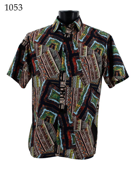 The Bassiri Short Sleeve Shirt 1053 by Bassiri features a vibrant geometric pattern on a plain background and offers a regular fit. The number "1053" is showcased in the top left corner.