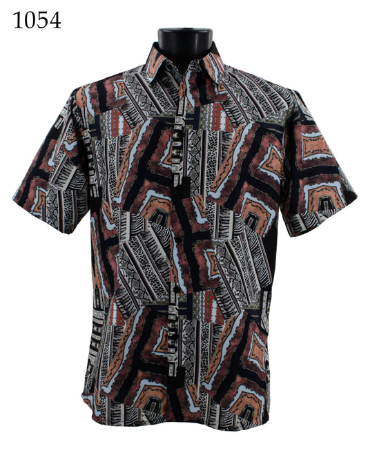 Displayed on a stand is the Bassiri Short Sleeve Shirt 1054, featuring a regular fit with a geometric pattern in black, brown, and white. The serial number 1054 is prominently shown in the top left corner.